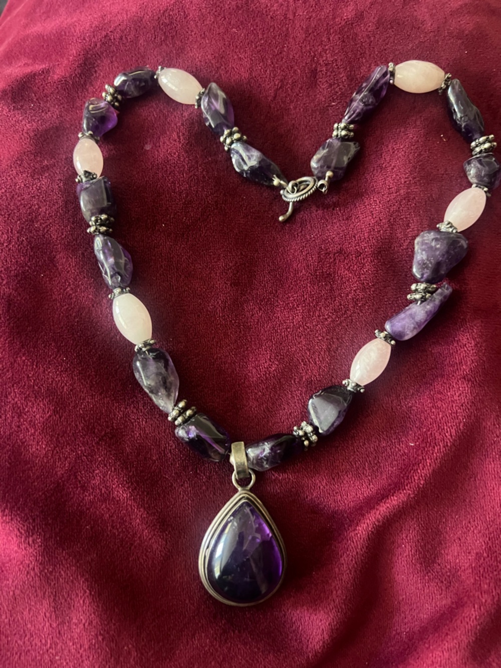 Amethyst and Rose Quartz Teardrop Pendant Necklace - Women Jewelry 925 sterling